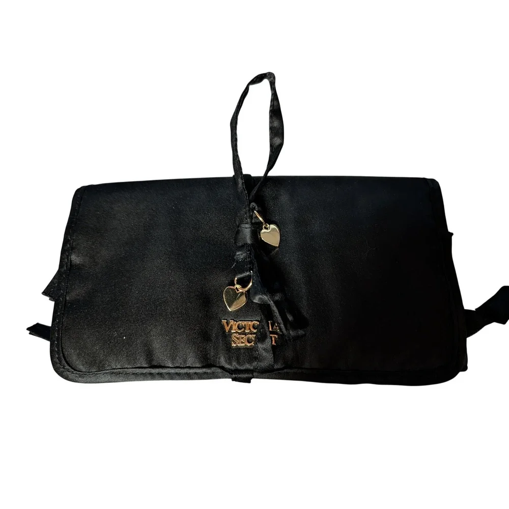 Victoria's Secret Black Satin Hanging Travel Organizer Pink Stripe Heart Charm